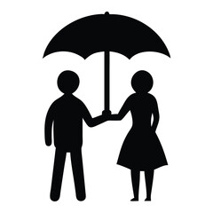 Black silhouette of a couple under umbrella in rain. Romantic and emotional themed artwork.