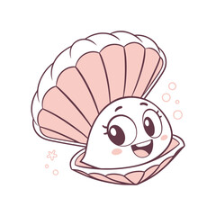 Cute cartoon scallop with smiling face and pink shells