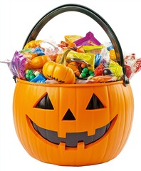 Halloween classic jack-o'-lantern bucket filled with colorful candies, isolated on a white background, in PNG format
