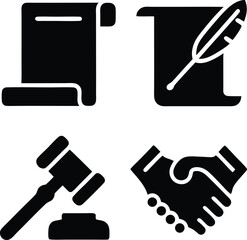 Four black legal and historical symbols on white background