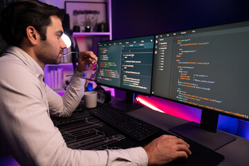 Working smart IT developer analyzing data software development on two pc screen, creating...