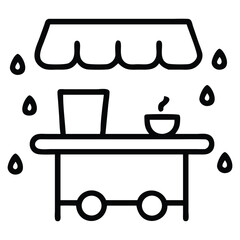 Thin line scene of a local tea stall with falling rain in the background. A slice of monsoon life.