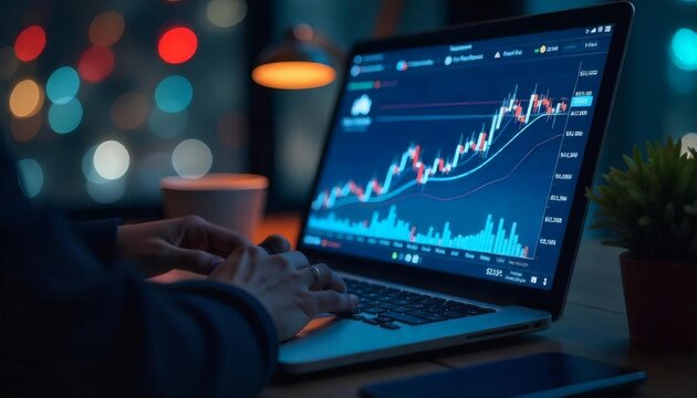 Global business success through digital data on a laptop screen with a medical heartbeat graph