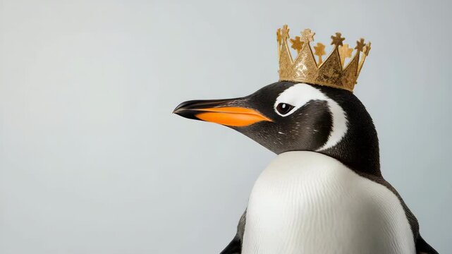 Regal penguin with golden crown displaying majestic charm in elegant movement sequence