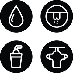 Four white water related icons on black circles water drop