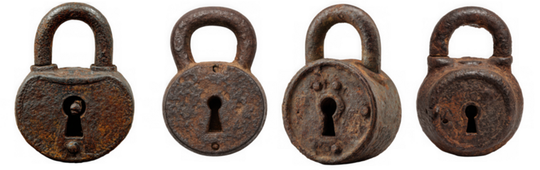 Four rusty antique padlocks isolated on transparent background, showcasing their worn metal texture and intricate keyholes