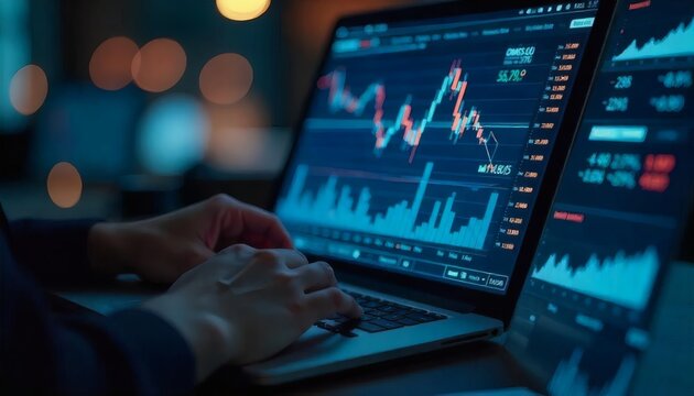 Businessman's hand typing on a laptop keyboard, displaying a digital stock market chart on the screen, conceptualizing financial data and business success