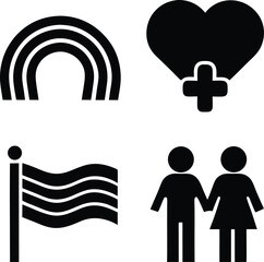 Set of black L G B T Q symbols including rainbow flag and couple