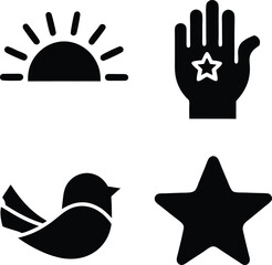Set of four black icons sunrise hand bird star sunrise icon
