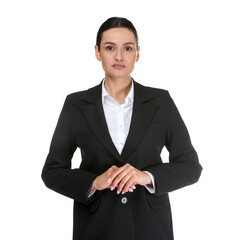 Confident business woman in suit on white background