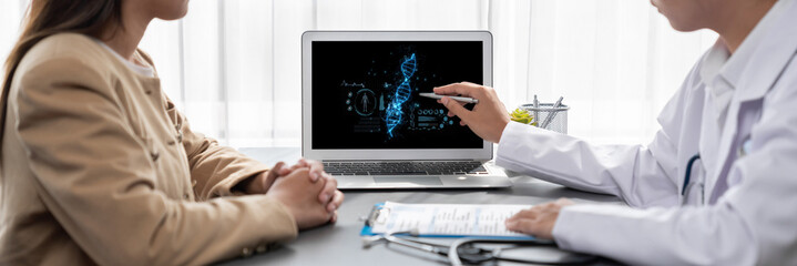Medical science technology and futuristic healthcare virtual computer software analyze human health...