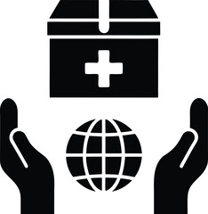 Silhouette of humanitarian aid box with globe and hands