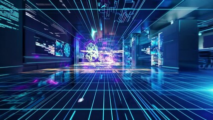 bright technology perspective grid, bluish hues, glowing interface panel, background resembling an office space or server room - Powered by Adobe