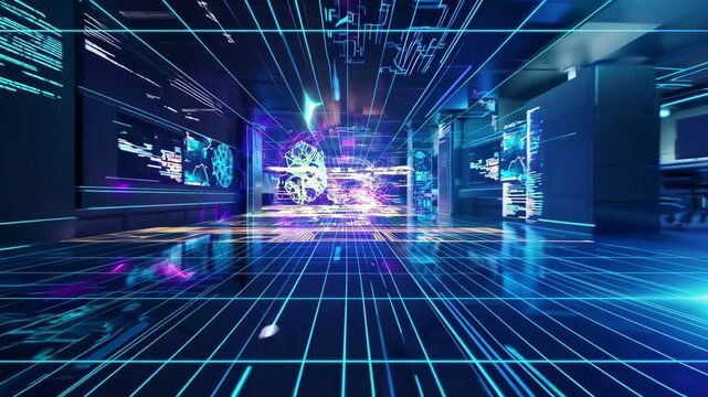 bright technology perspective grid, bluish hues, glowing interface panel, background resembling an office space or server room - Powered by Adobe