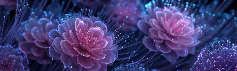 Obraz premium Abstract neon flowers glowing in vibrant pink and blue hues, creating a mesmerizing and otherworldly floral display