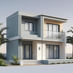 Modern architectural house exterior with a balcony, large windows, and a blue sky