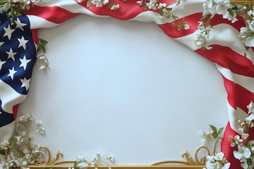Festive American Flag and Blossoms Frame a Blank Space Perfect for Patriotic Designs or Memorial Day Greetings