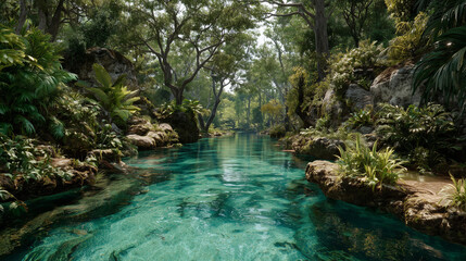 Lush tropical plants lining a turquoise jungle river, nature river, ocean, lake, photo style