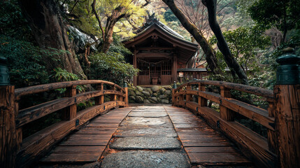 Fototapeta premium Traditional wooden bridge leading to a hidden shrine, peaceful Japannese traditional temple, photo style