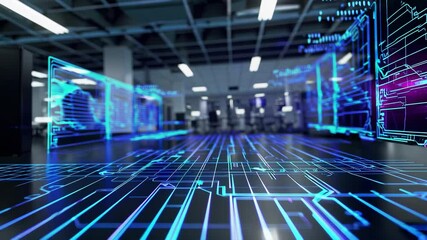 bright technology perspective grid, bluish hues, glowing interface panel, background resembling an office space or server room - Powered by Adobe