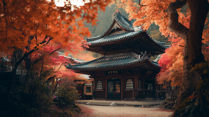 Autumn leaves surrounding a centuries-old temple, peaceful Japannese traditional temple, photo style