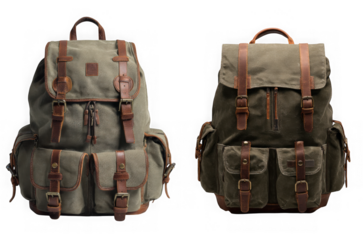 Two stylish canvas backpacks with brown leather accents are isolated on transparent background, showcasing their rugged and adventurous design