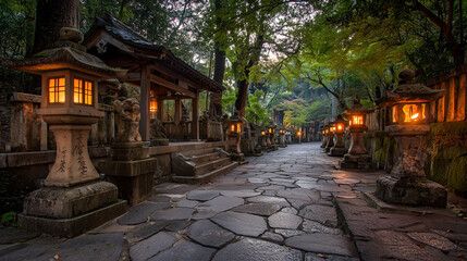 Fototapeta premium Lanterns glowing along a stone path to a shrine, peaceful Japannese traditional temple, photo style