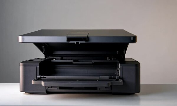 Black printer with open lid on a white surface