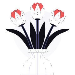 Blooming tulips and flowers in a vase create a beautiful floral vector illustration with a heart-shaped card, perfect for Valentine's decoration or a vintage love design