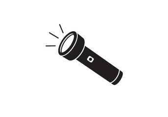 Illustration of a black flashlight with light rays on a white background in simple style
