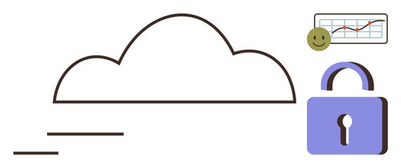Cloud with a security lock and analytics chart featuring a happy face. Ideal for technology, privacy, security, data analysis, cloud computing, IT solutions, simple flat metaphor