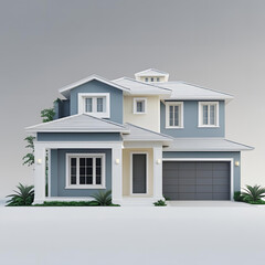 Modern architectural residential property with a white facade, blue sky, and large windows