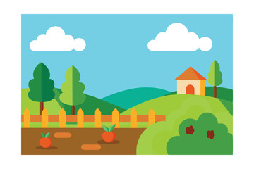 Fototapeta premium Charming Countryside Illustration House, Garden, and Rolling Hills