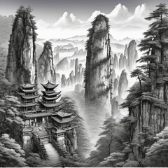 Symmetrical Charcoal Drawing of Zhangjiajie National Park
