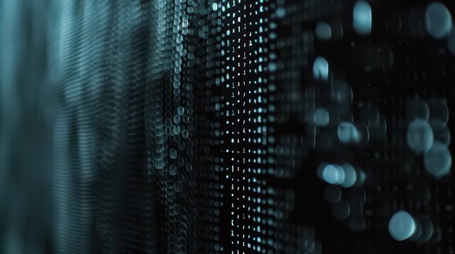Abstract digital screen with binary code and bokeh lights in a dark blurred background