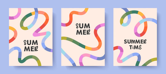 Summer abstract backgrounds with bright rainbow lines.Modern illustrations with colorful shapes.Summer vacation banners in simple fun style.Vertical prints for posters,banners,covers,branding,fashion