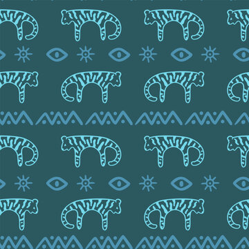 Seamless ethnic, tribal pattern with hand-drawn tigers, eyes, suns, and geometric shapes. Blue folk art style on dark background. Ideal for textile, wrapping paper, and decorative design