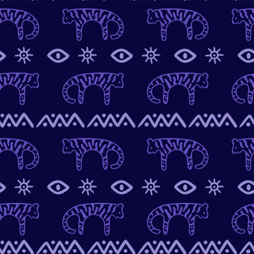 Seamless ethnic, tribal pattern with hand-drawn tigers, eyes, suns, and geometric shapes. Violet, lilac folk art style on dark background. Ideal for textile, wrapping paper, and decorative design