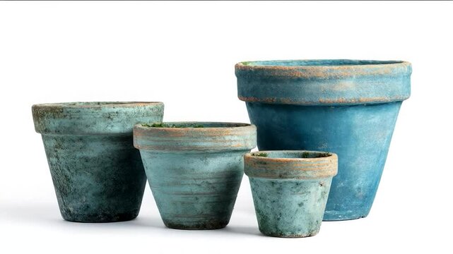 Aesthetic arrangement of four rustic blue terracotta pots evokes gardening, home decor, and artisan craftsmanship features vintage charm and patina finish