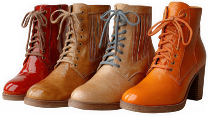 Four pairs of stylish ankle boots in various shades of orange brown and red are isolated on transparent background