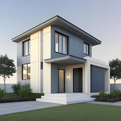 A new, luxurious residential property featuring modern architecture and an inviting exterior, set against a clear sky, whether on a sunny lawn, a serene beach, or a scenic hill