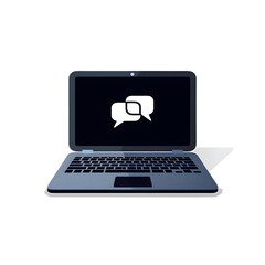 Laptop displaying chat bubbles represents communication technology and virtual connection over the internet, available on transparent background.