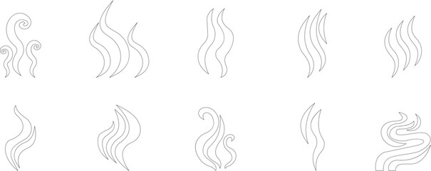 Aromas vaporize icon set trendy flat hand drawn line comic doodle. Smells vector, hot aroma air fragrance , stink or cooking steam symbols, smelling vapor, smoking or odors. cloud or wind silhouette.