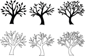 Collection of tree icons in flat, outline, and black silhouette styles. Ideal for eco and organic branding.