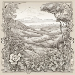 Art Nouveau Style Rift Valley Landscape in Pencil Sketch