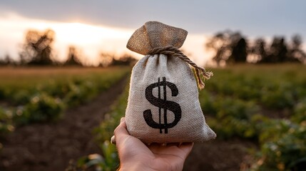 A hand holding a money bag with a dollar sign in a farm field, symbolizing farm finance and investment
