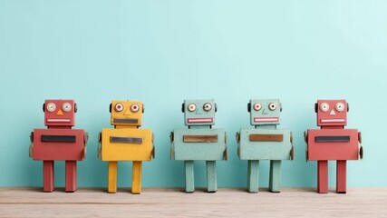 Five colorful vintage robots in a row evoke themes of retro technology, creativity, and innovation ideal for discussions on nostalgia and robotics