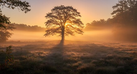Fototapeta premium Golden Sunrise Through Misty Meadow Tree, Silhouette and Radiant Light