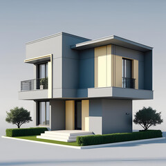 Modern urban office building architecture with green grass, glass windows, and a clear sky