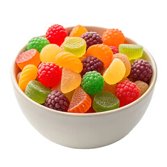 Assortment of colorful fruit shaped gummy candies in a white bowl